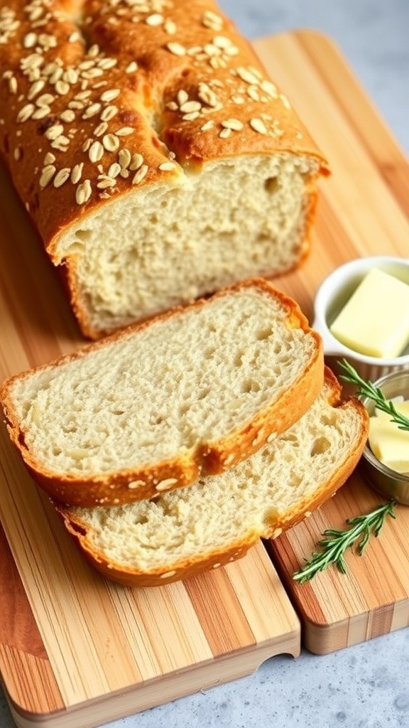 Gluten-Free Oat Bread Recipe Sliced gluten-free oat bread on a cutting board with butter and herbs.